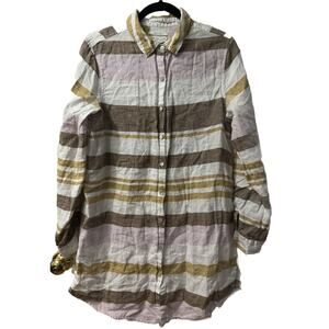 Rachel Zoe Linen Top Womens Button Up Multicolor Stripes Collared Long Sleeve Lg